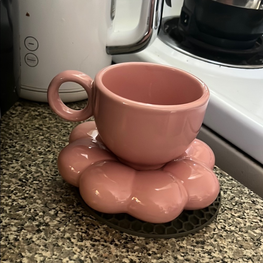 Sunday Morning Ceramics, Pink Ceramic Cup with Flower Saucer.